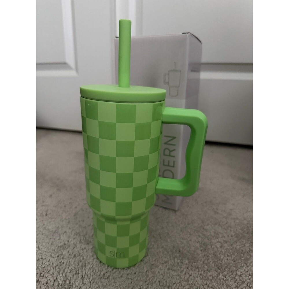 NEW Simple Modern Trek Tumbler 24oz Green Checkered Spill Proof Silicone Straw
